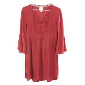 Knox Rose Boho Lace V-Neck Bell Sleeve Mini Dress L Burgundy